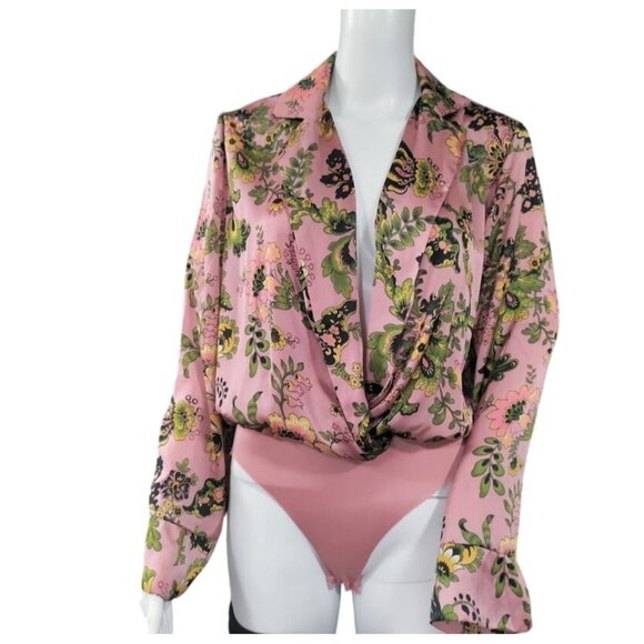 ZARA Pink Floral Print Button Front Satin Bloggers Long Sleeve Bodysuit Medium - Picture 2 of 15